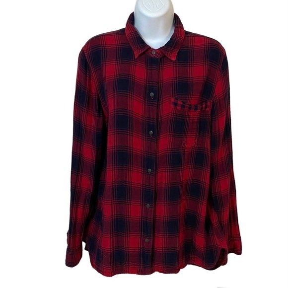Madewell Red Black Buffalo Check Plaid Gauzy Button Front Shirt Top Large - Picture 1 of 16